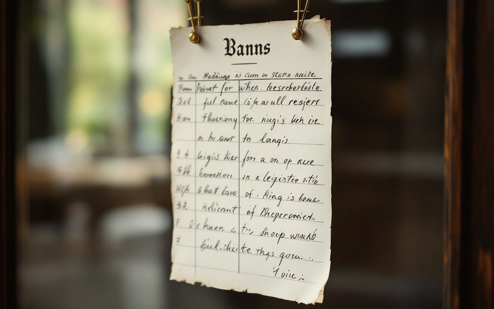 A handwritten banns notice clipped to a glass door with metal fasteners